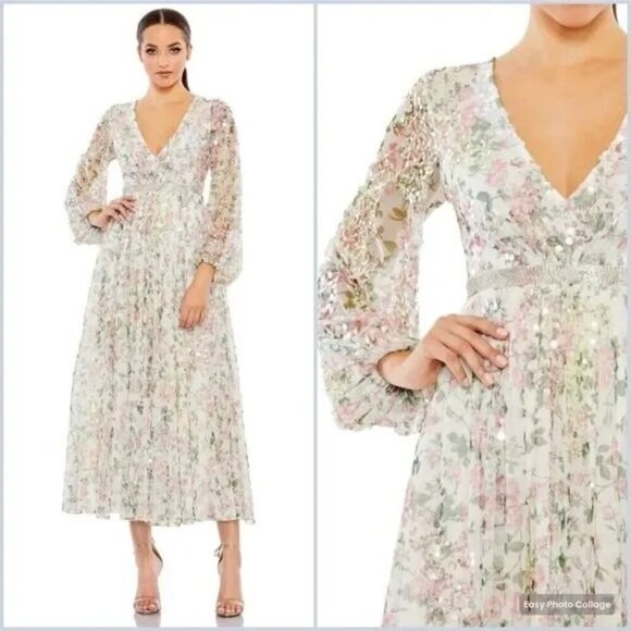 Mac Duggal 93788 Floral Beaded Sequin Midi Tea Length Dress Size 6 NWT Cocktail